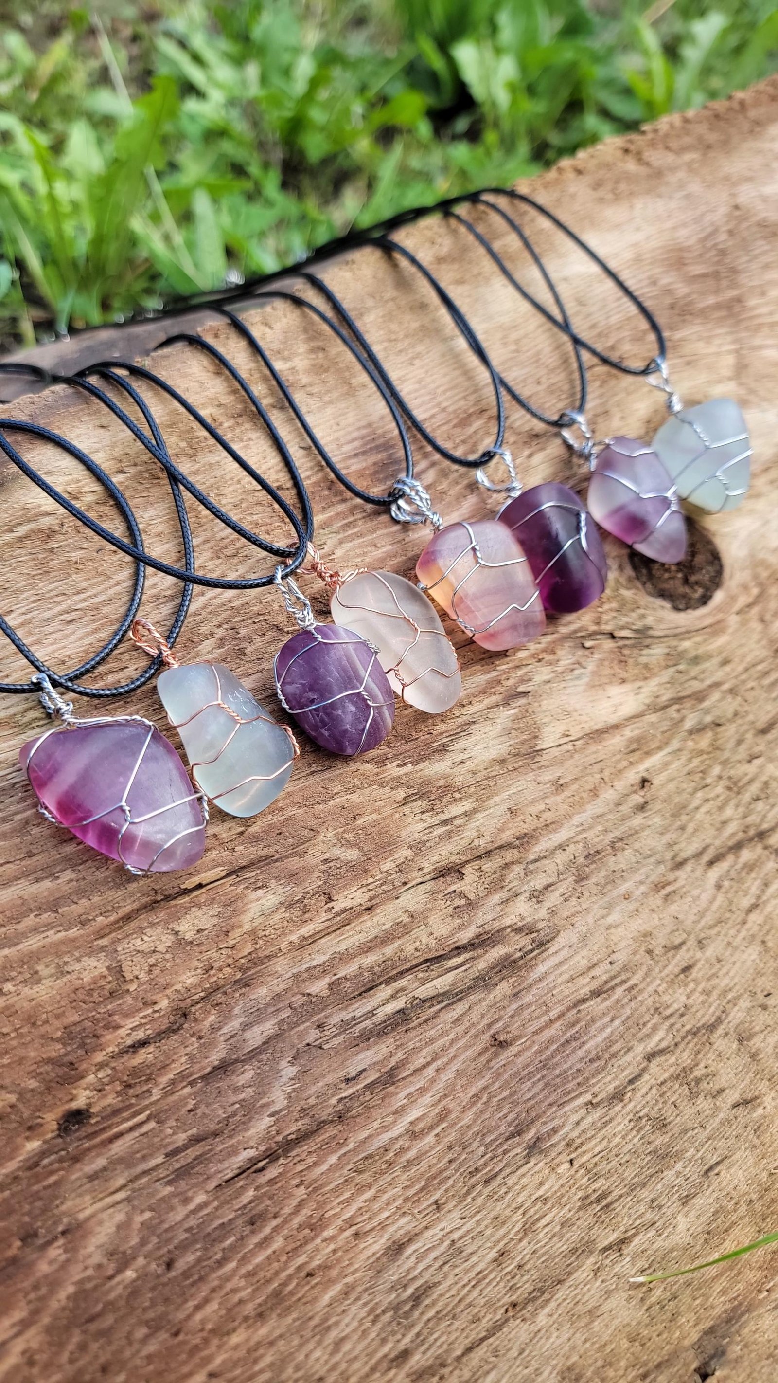 Rainbow Fluorite Pendant Variety Tumbled Polished Handmade Vegan Leather Necklace — Purple Bands Clear