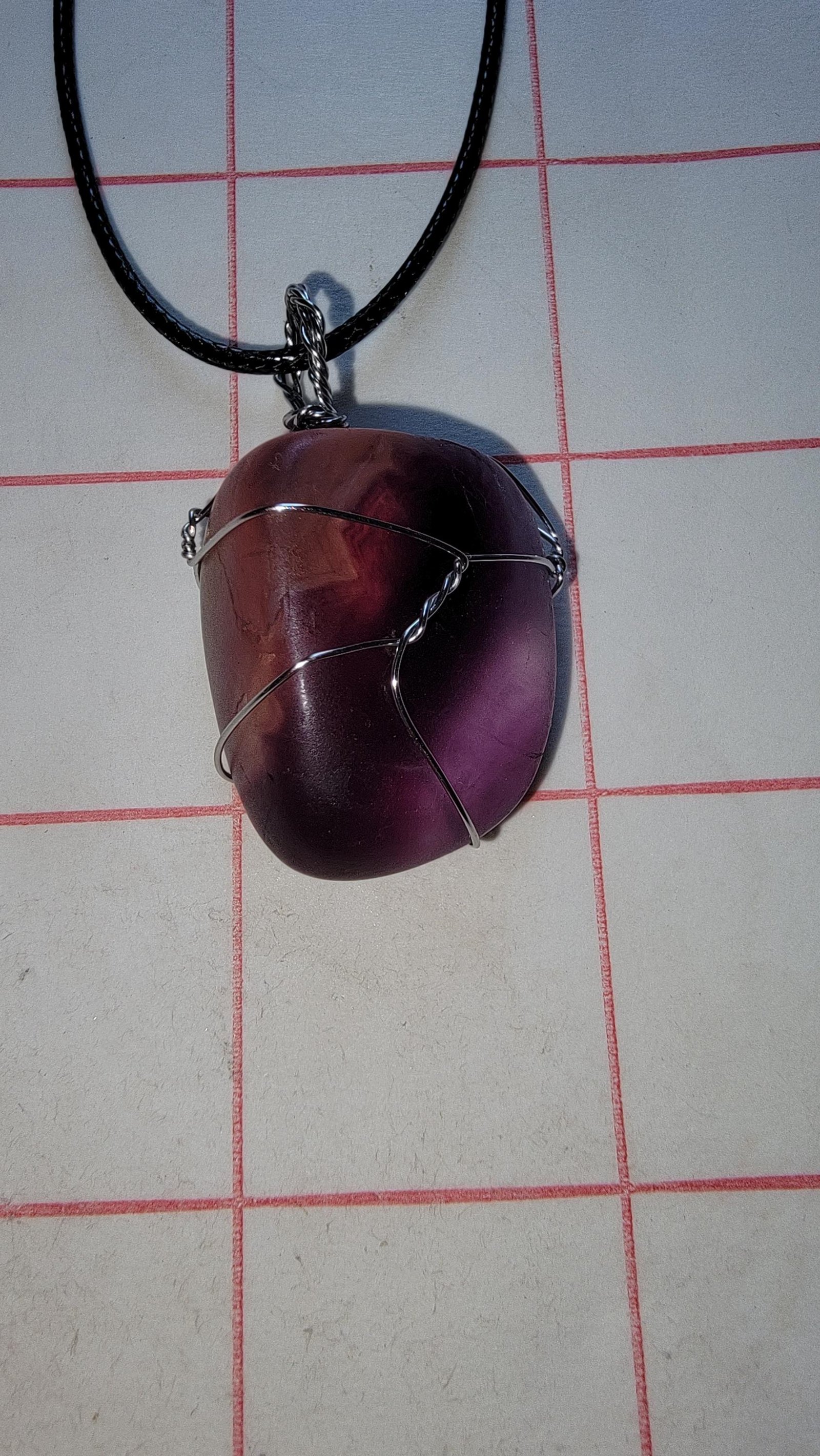 Rainbow Fluorite Pendant Variety Tumbled Polished Handmade Vegan Leather Necklace — Dark Purple 24ga