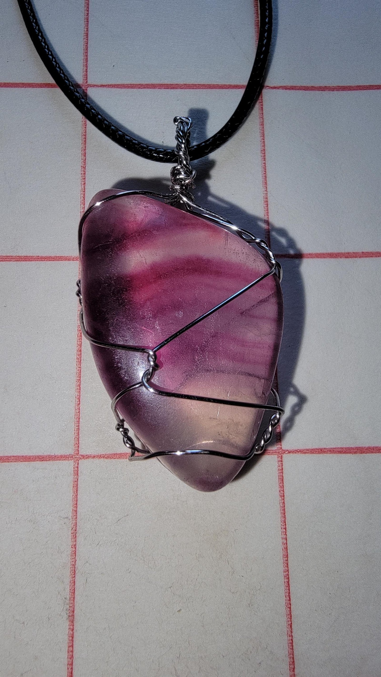 Rainbow Fluorite Pendant Variety Tumbled Polished Handmade Vegan Leather Necklace — Banded Purple 24ga
