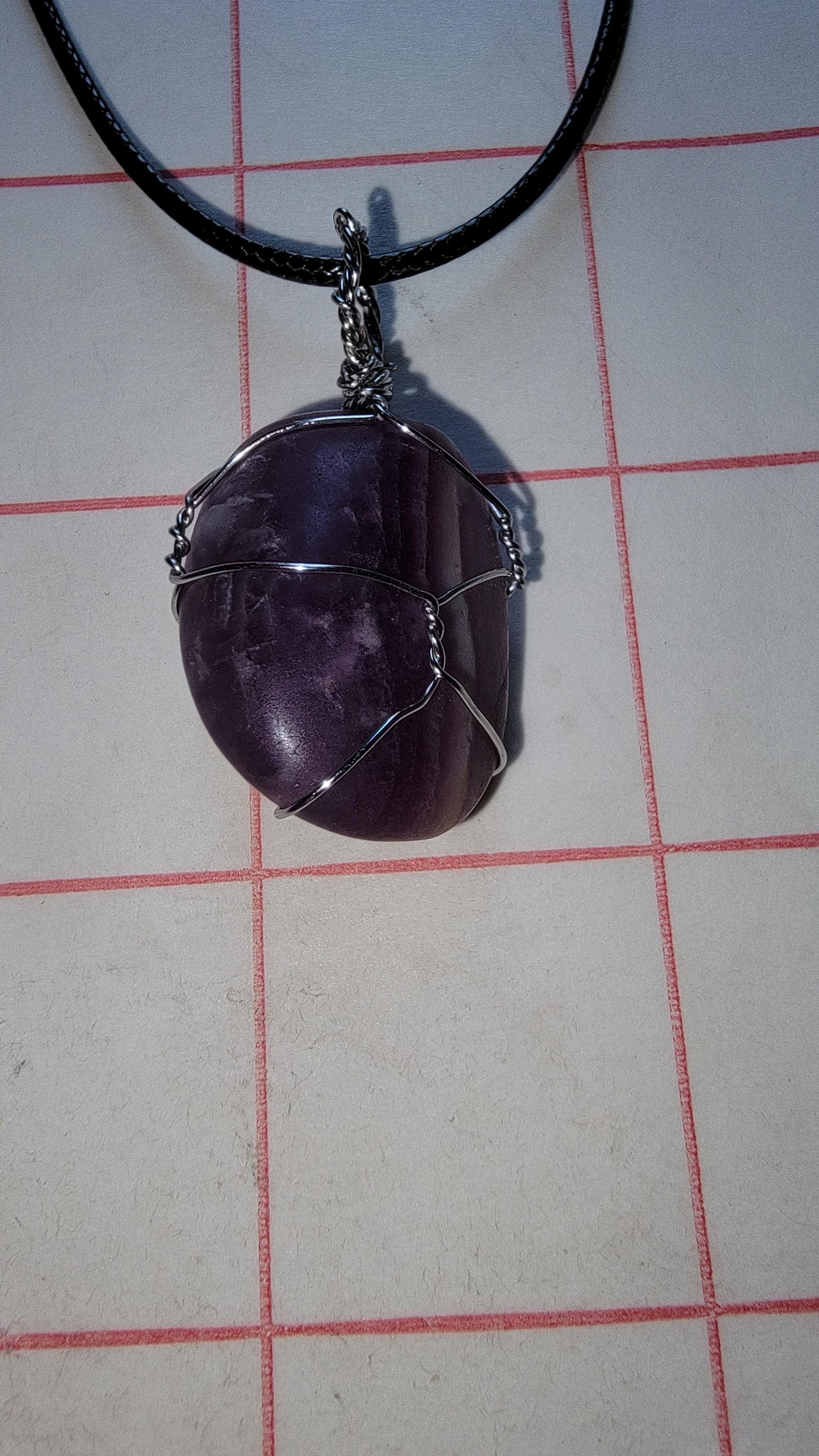 Rainbow Fluorite Pendant Variety Tumbled Polished Handmade Vegan Leather Necklace — Dark Purple 1 Inch