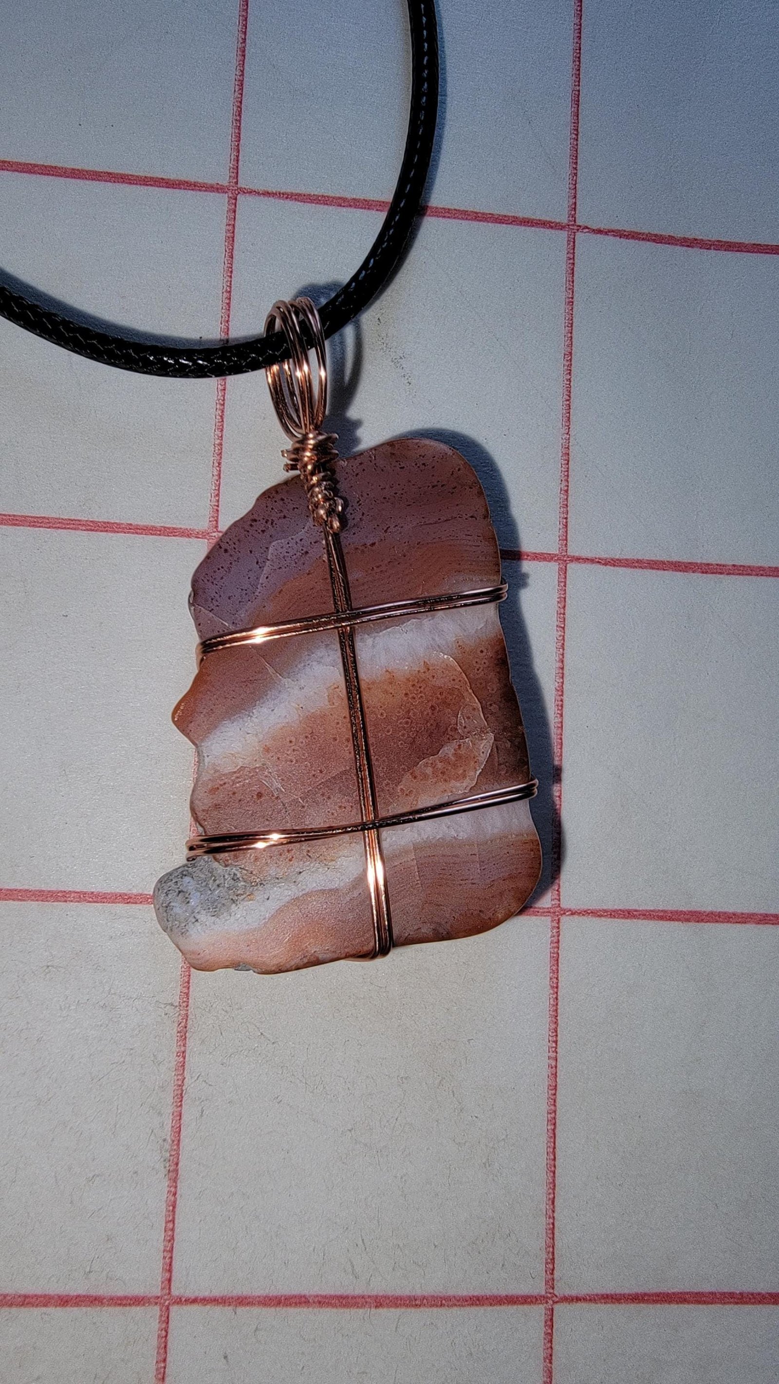 Banded Bacon Like Bahia Agate Slice Pendant Vegan Leather Cord — Savory Bacon — photo 4 of 6