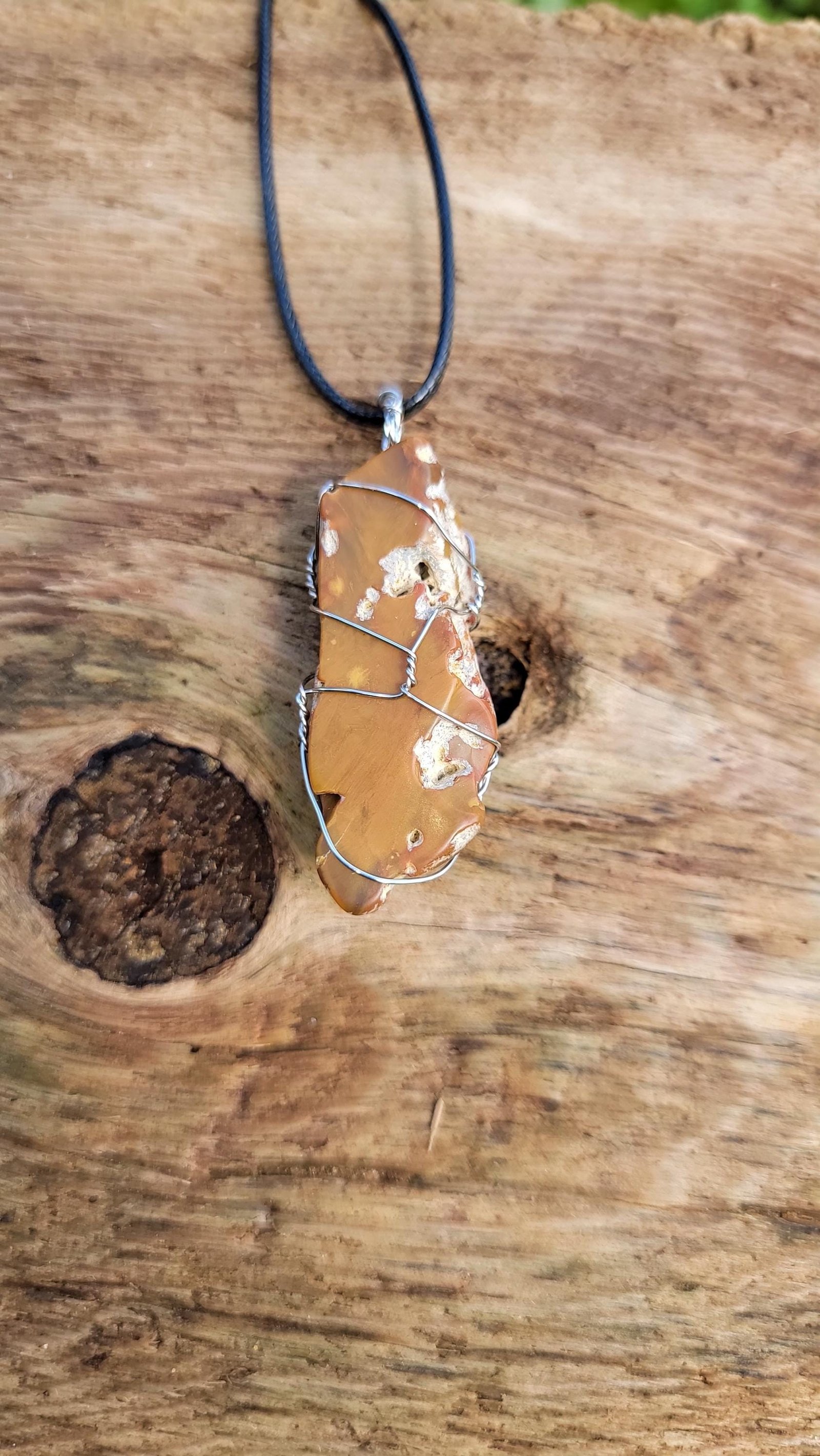 Hand-Wrapped Grassy Mountain Petrified Wood Pendant | Vegan Leather Cord | 2" Fossilized Stone Necklace