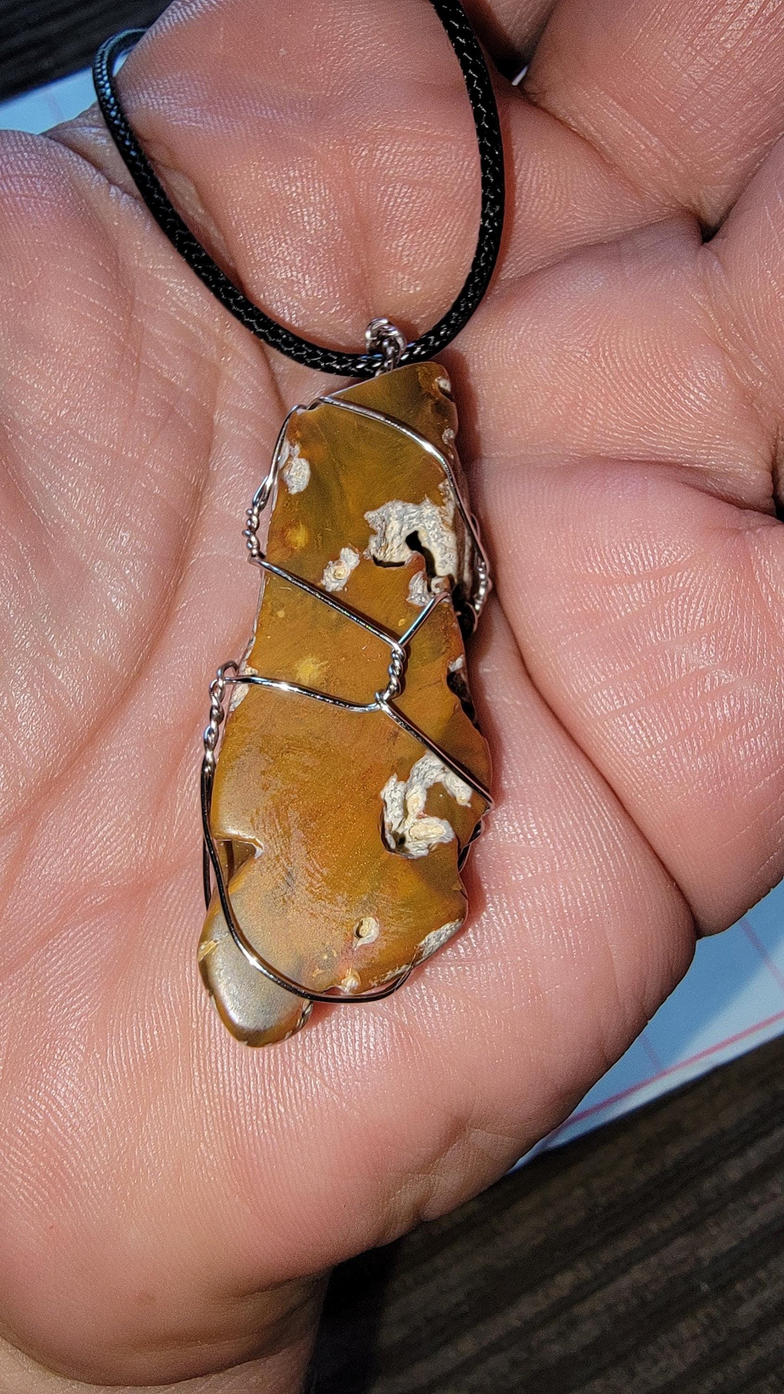 Hand-Wrapped Grassy Mountain Petrified Wood Pendant | Vegan Leather Cord | 2" Fossilized Stone Necklace โ photo 2 of 4