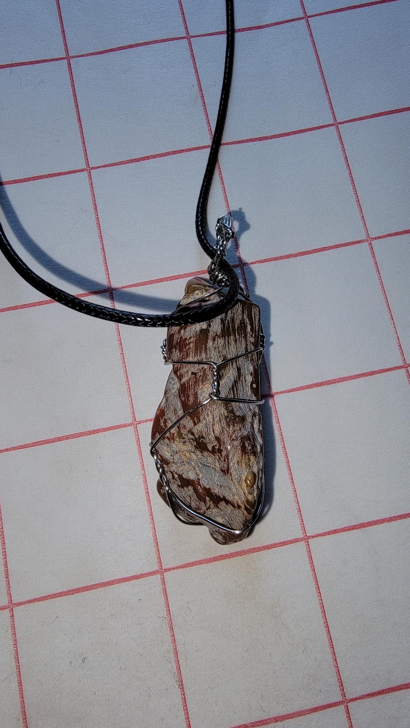 Hand-Wrapped Grassy Mountain Petrified Wood Pendant | Vegan Leather Cord | 2" Fossilized Stone Necklace โ photo 3 of 4