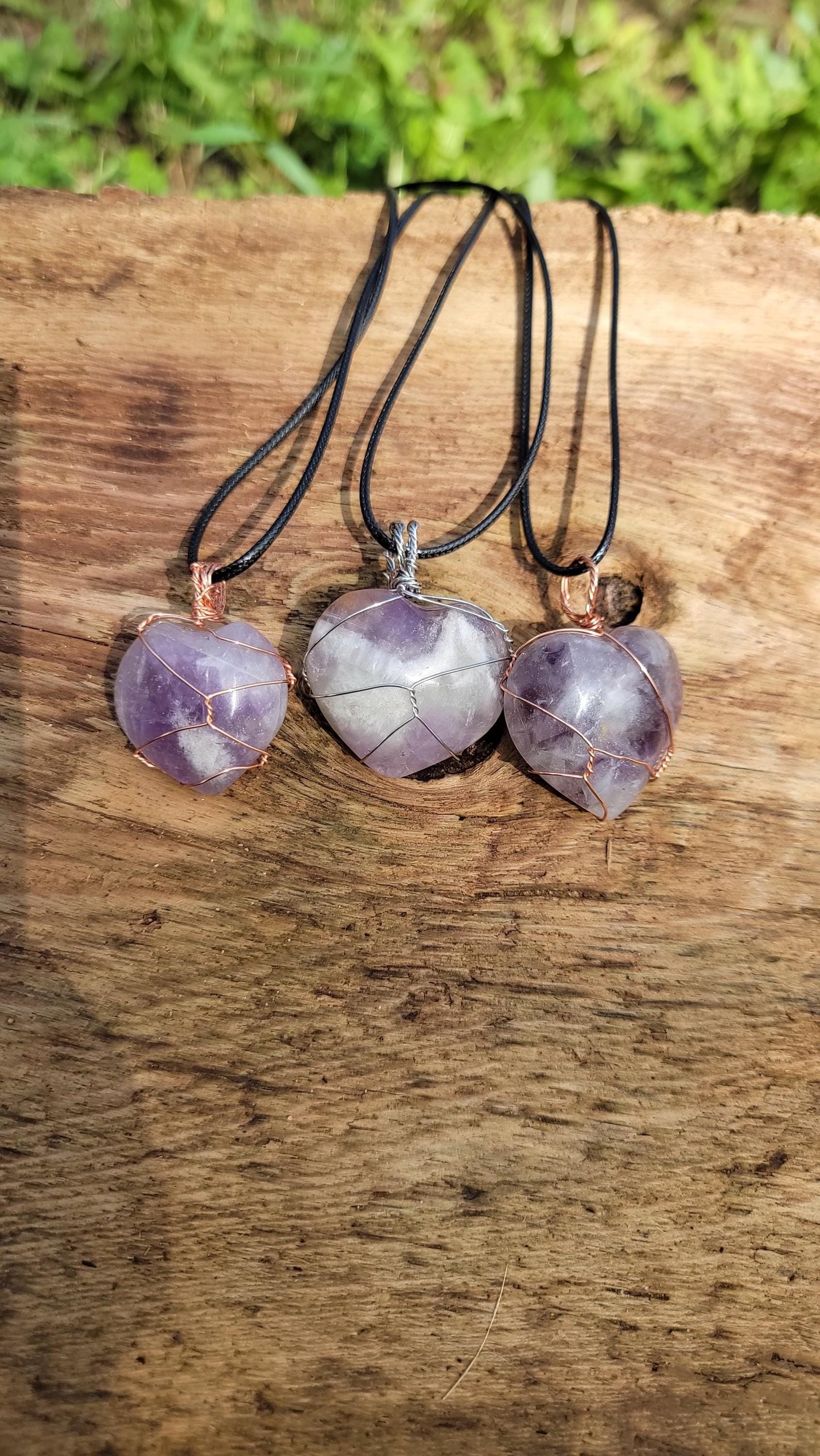 Amethyst Heart Pendant Hand Wrapped Vegan Leather — Traditional Amythest