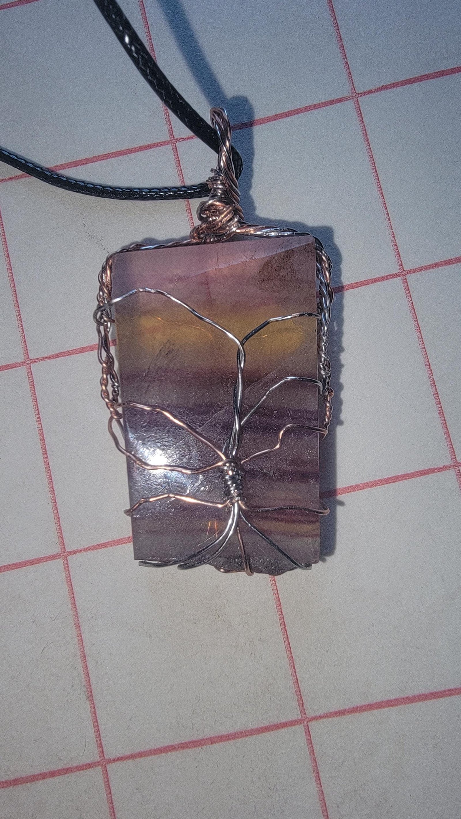 Diamond Green Rainbow Fluorite Pendant Copper Wire Wrap — Rectangle