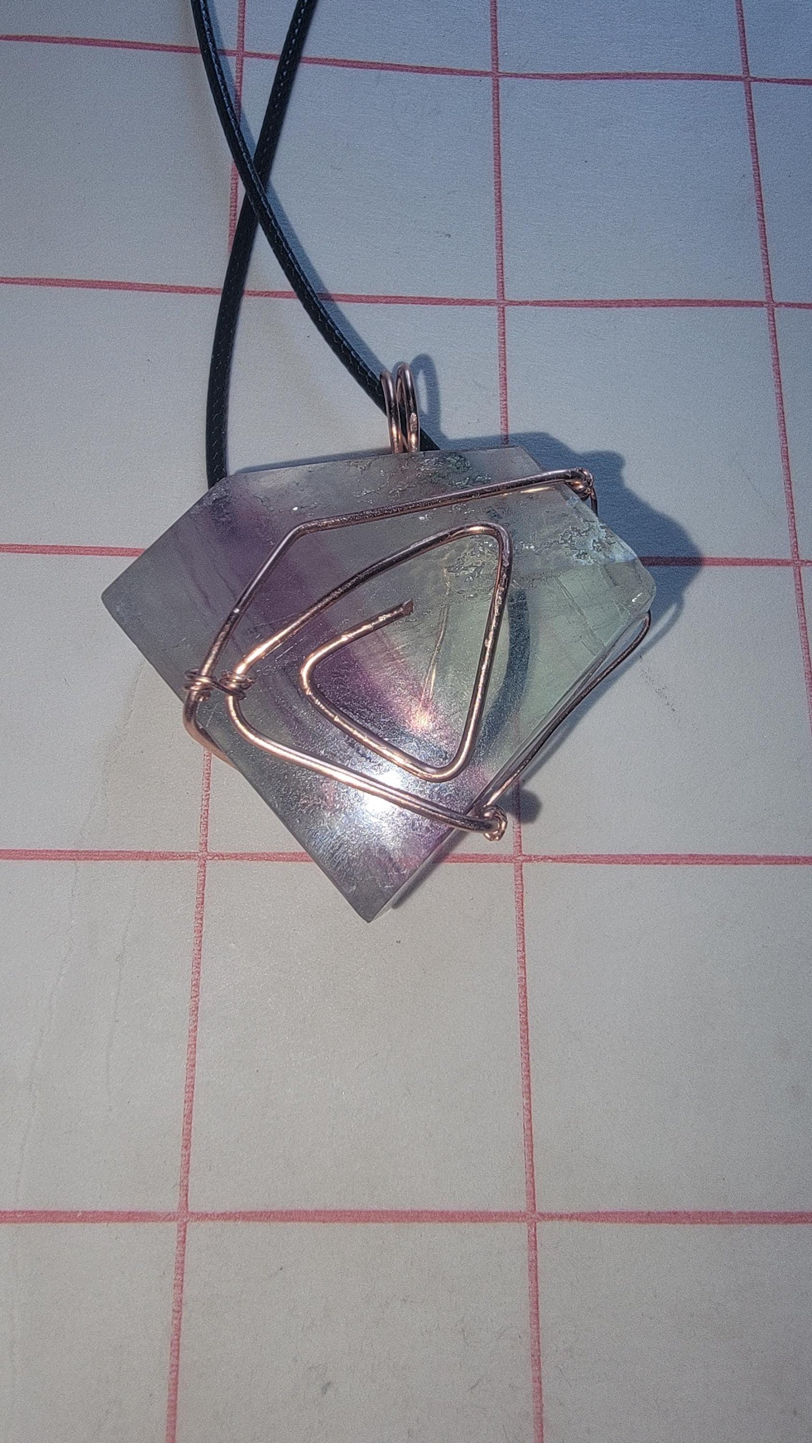 Diamond Green Rainbow Fluorite Pendant Copper Wire Wrap — Rectangle — photo 4 of 7