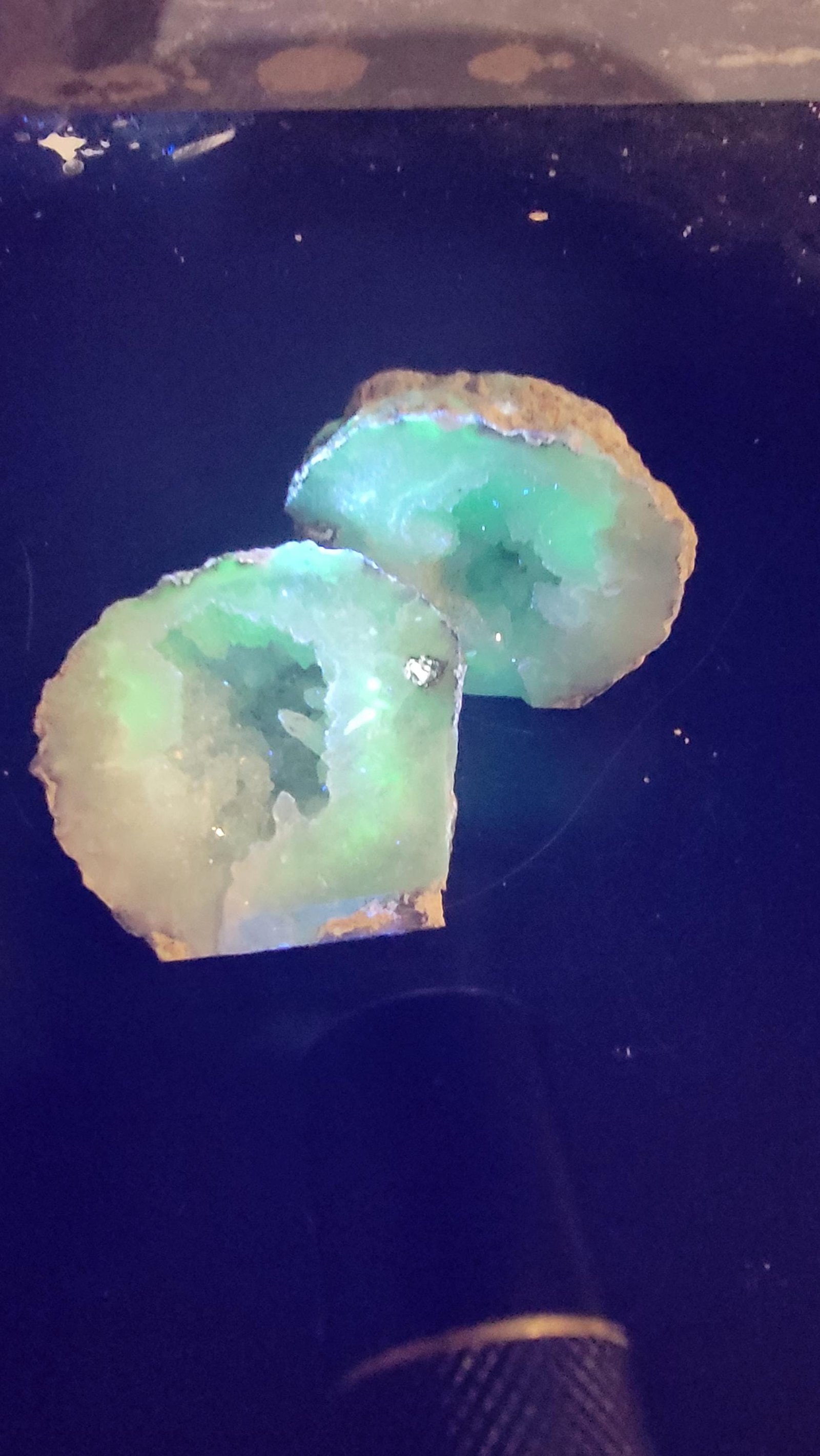 UV Reactive Green Trancas Geode Pair: Druzy Crystals, Botryoidal Bumps — photo 4 of 5